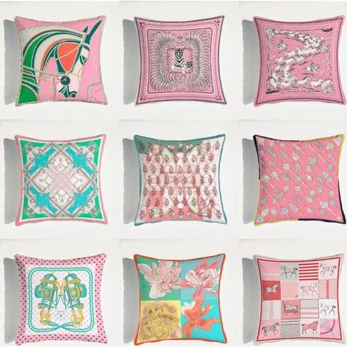 Velvet Fabric French Luxury Horse Pink Series Home Sofa Cushion Cover Pillowcase Without Core Living Room Bedroom Cushion 45cm