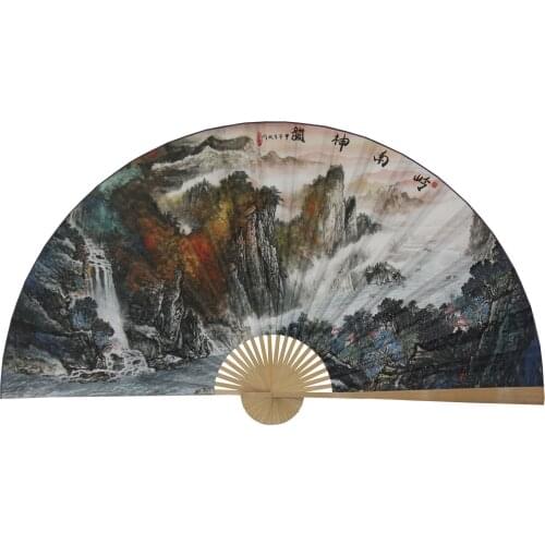 Large Folding Paper Fan Chinese Style Crafts Banboo Frame Background Decorative Fan Hanging Mountain And Waterfall