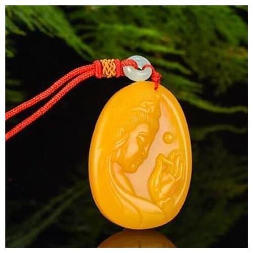 Chinese Yelloe Jade Guanyin Pendant Necklace Charm Jewellery Fashion Accessories Hand-Carved Woman Amulet Sweater Chain