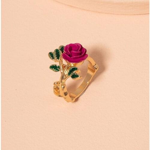 Ins Trendy Gold Red Enamel Rose Flower Green Leaf Minimalist Irregular Knuckle Finger Rings Korean Fashion Women Party Jewelry