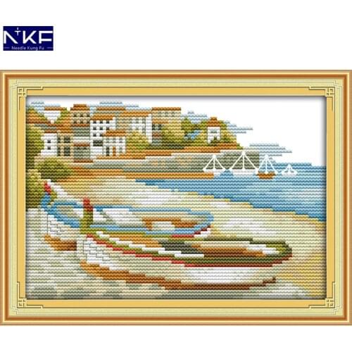 NKF Sampan Stamped Cross Stitch Pattern DIY Kits Needlework Embroidery Set Chinese Cross Stitch for Home Decor