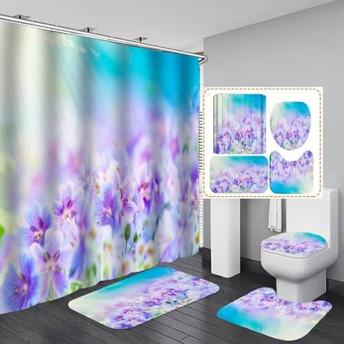 Beautiful Purple Flowers Shower Curtain Set Bath Mats Rugs Bathroom Curtains Spring Scenery Non-Slip Rug Toilet Lid Cover Carpet