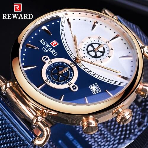 REWARD Blue Steel Mesh Band Fashion Design Calendar Display Men Business Quartz Wrist Watch Top Brand Luxury Male Clock Relogio