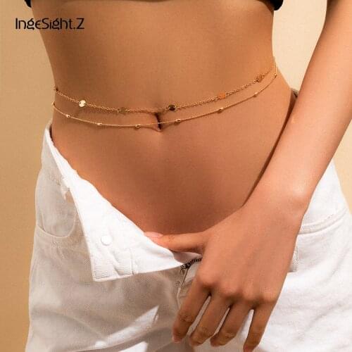 IngeSight.Z Sexy Summer Beach Round Sequin Chain Bikini Harness Waist Belly Chain Simple Gold Color Body Chain for Women Jewelry