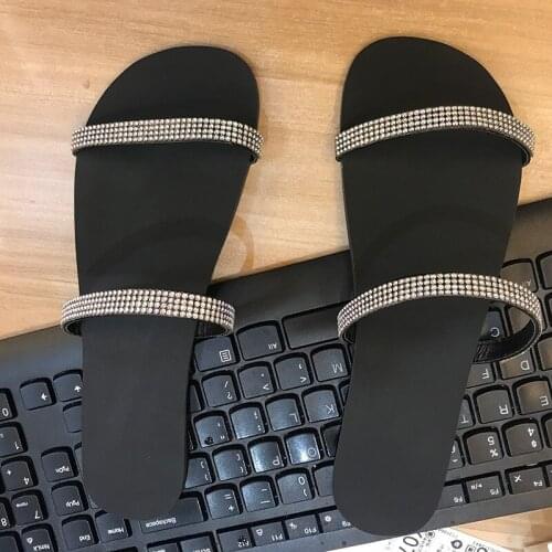 Womens Plus-size sandals, summer 2021, flat rhinestone flip-toe flat sandals