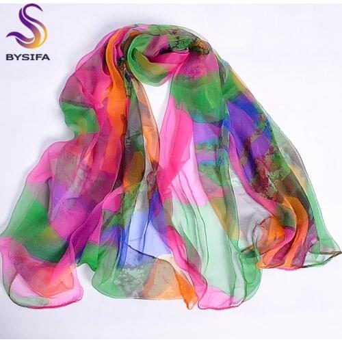 [BYSIFA] Ladies Long Silk Scarf 2016 New Design Fashion Apparel Accessories Women Green Pink Scarves Wraps For Women 170*110cm