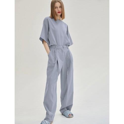 European Summer New O Neck Long Sleeves Long Buttons Zipper Pleated Wide Leg Pants Womens Suit