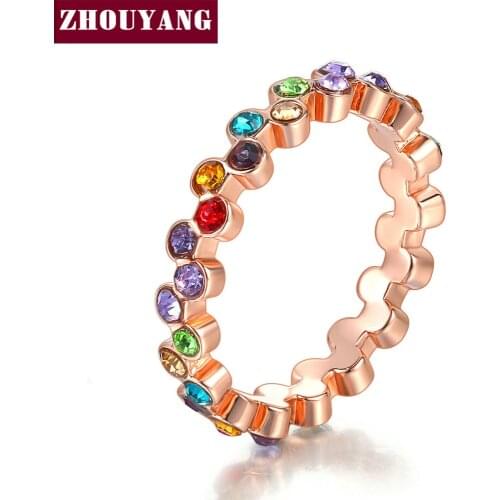 ZHOUYANG Ring For Women Elegant Style Multicolor Austrian Crystal Rose Gold Color Anniversary Gift Fashion Jewelry DZR002