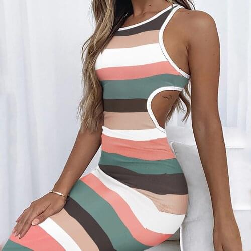 2021 Sexy WomenS Dress New Summer Casual Waist Tight-Fitting Halter Mid-Length Dresses Backless Round Neck Tight Mid Dress