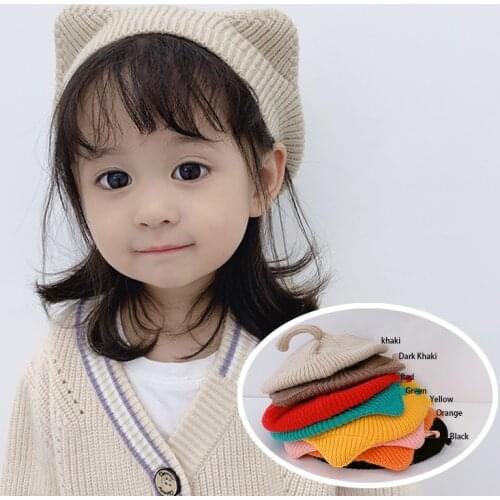 INS Type 3D Cat Ears Tail Childrens Beret Hat Baby Solid Color Autumn and Winter Hat Wild Kids Princess Knitted Wool Warm Caps
