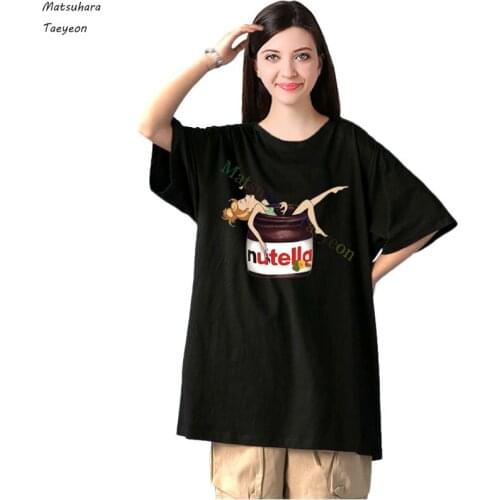 New Nutella Foods Inbetweening Patches Funny T-shirts Summer Print Women T Shirt Fashion Loose Streetwear Cotton Harajuku Tops