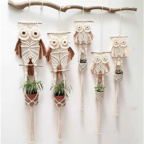 Exquisite Macrame Owl Bonsai Basket Mini Flowerpot Liner Holder Swing Hanging Tassel Owl Shape Rope Knot Art Flower Pot Hanger