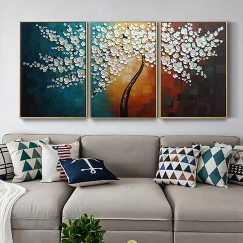 Palette Knife Flower Art Oil Painting 3 Panels Abstract Pure Handmade Large Floral Wall Art Pictures For Living Room Decoration