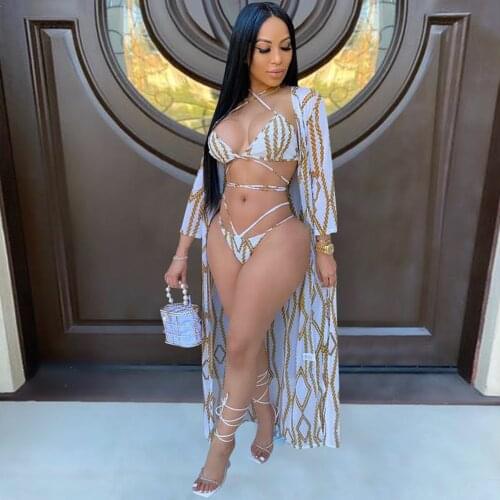 Fashion 3 Piece Set Bikini Women Chain Printed Sexy Spaghetti Strap Swimwear And Long Chiffon Cover Up Outfit Beach Suit