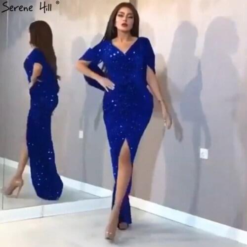 Royal Blue Luxury Mermaid Sexy Evening Dresses 2020 Dubai V-Neck Short Sleeves Sequins Evening Gown Serene Hill LA70302