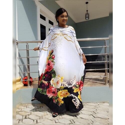 2021 New Style Classic African Women Clothes Dashiki Print V-neck Slim Side Lotus Leaf Hot Drill Stretch Long Dress