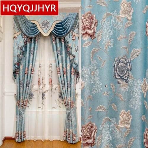 American Top Luxury 3D Blue Jacquard Blackout Curtains For Living Room Windows With Embroidered Voile Curtains For Bedroom Hotel