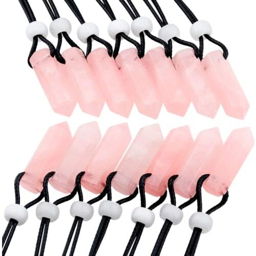 TUMBEELLUWA Pink Quartz Hexagonal Pointed Healing Reiki Chakra Pendant Necklace Wax Cord for Unisex