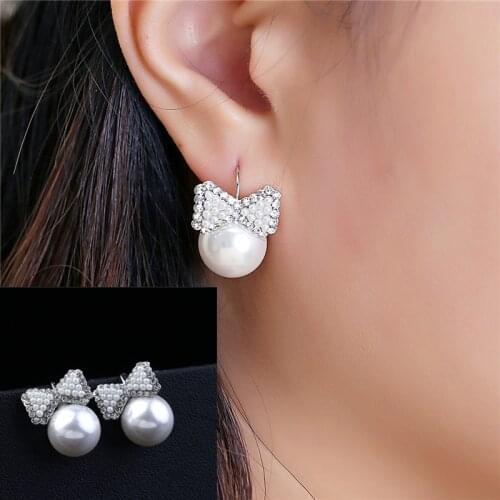 New Fashion Lovely Wedding Ear Silver Plated Round Imitation Beads Bow Pearl Stud Earrings for Women Girls Rhinestone Jewelry
