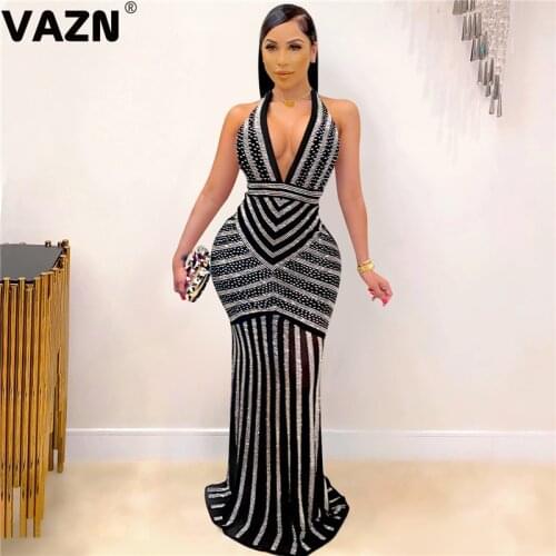 VAZN New 2020 Formal Shinny Bandage Dress Sleeveless Halter Sheath Dresses Bling Bling Sequins Glitter Maxi Dress