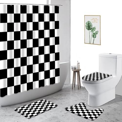 Black White Geometric Shower Curtain Nordic Minimalist Art Fabric Printing Bathroom 4-Piece Set Anti-Slip Carpet Bath Curtains