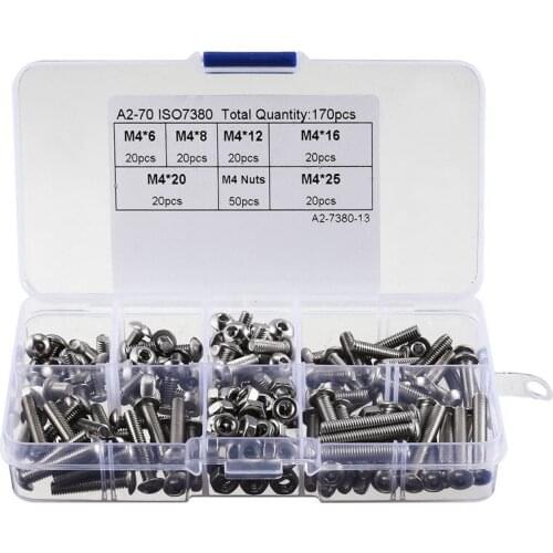 170pcs 304 Stainless Steel M4 Hex Socket Button Head Screw Nut Assortment Kit