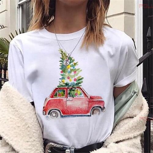 FIXSYS Merry Christmas Tree Truck Car Graphic Print T Shirt Women Fashion Cute Tee Top New Kawaii Suitable All Seasons T-shirt