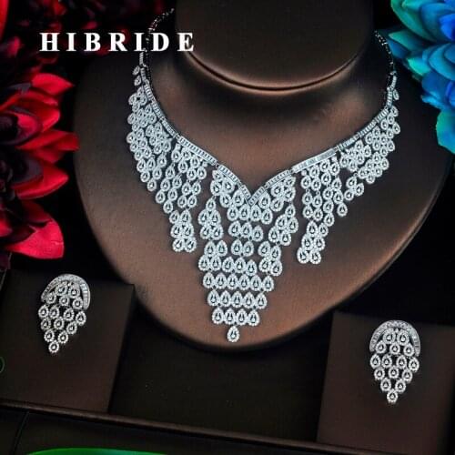 HIBRIDE Sparkling Bijoux Dubai Jewelry Sets Full Cubic Zirconia Necklace Set Women Wedding Bride Party Show Sets Wholesale N-344