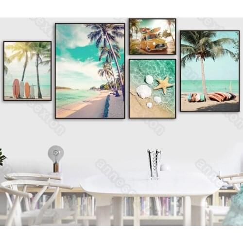 Modern Style Canvas Painting Poster Tropical Seascape Beach Palm Coconut Tree Starfish Surfboard Yellow Car Home Rooms Decoratio
