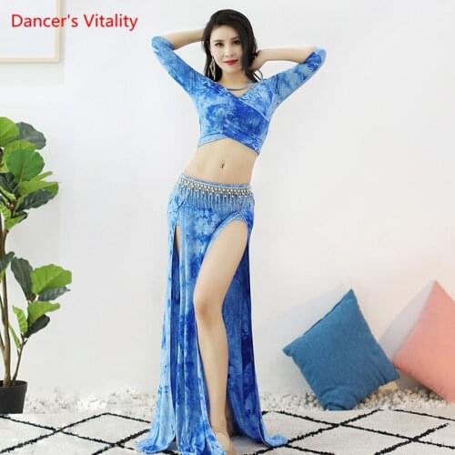 Belly Dance Suit V-Neck Printing Top Half Sleeevs Split Skirt Practice Clothes Set Oriental Dancing Female Performance Clothing