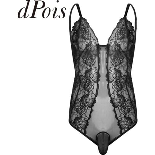 Mens Sissy One-Piece Sheer Crossdress Adjustable Spaghetti Straps Lace Black Bulge Pouch Bodysuit Gay Male Nightwear Sleepwear