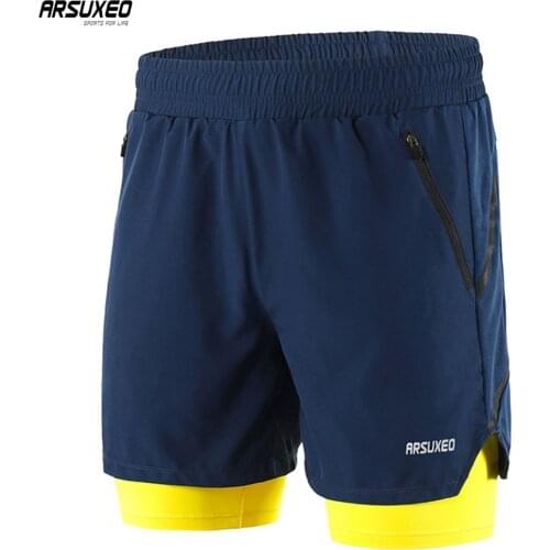 ARSUXEO Men 2-in-1 Running Shorts Quick Dry Mesh Breathable Training Exercise Jogging Shorts Gym Shorts Elastic Waist With Longe