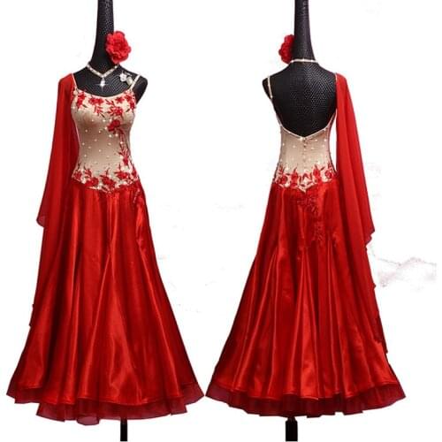 New ballroom modern dance big swing skirt red modern dance fish bone skirt modern dance embroidered flash diamond dress