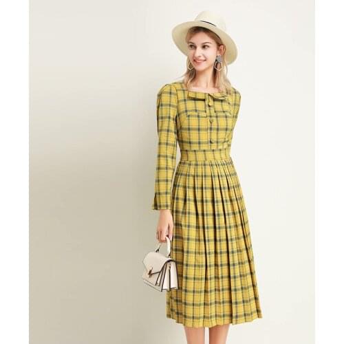 Latest High quality Paris fashion show 2021 spring womens square collar plaid stitching pleated slim dress