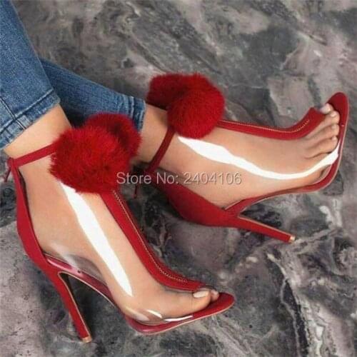 Shooegle Designer Women Pom Pom Shoes Furry Ball Summer Botines Front Zipper Transparent High Heels Peep Toe Clear Ankle Boots