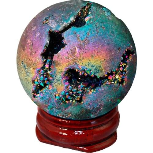 TUMBEELLUWA Rainbow Aura Titanium Coated Druzy Agate Geode Sphere Ball Divination Reiki Healing Figurine With Wood Stand