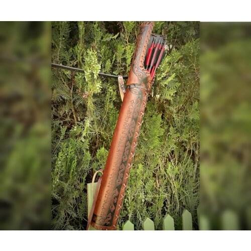 Turkish Quiver with Traditional Motifs Ottoman Gokturk Horseback Archery Leather Back and Hip Quiver Tirkes With