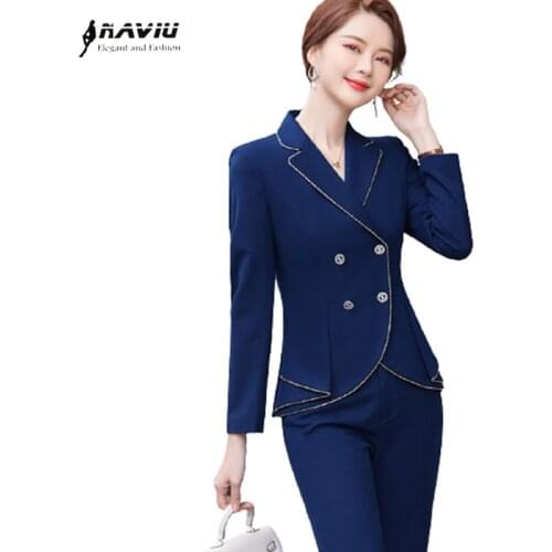 Women Suits Navy Blue 2021 New High End Business Temperament Fashion Formal Slim Blazer And Pants Office Ladies Work Wear