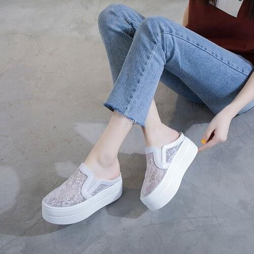 Women Lace Sneakers Slipper 7cm Heel Platform Shoes for Women Sneakers Summer Shoe Women Sale Chunky White Shoes Mule Feminino