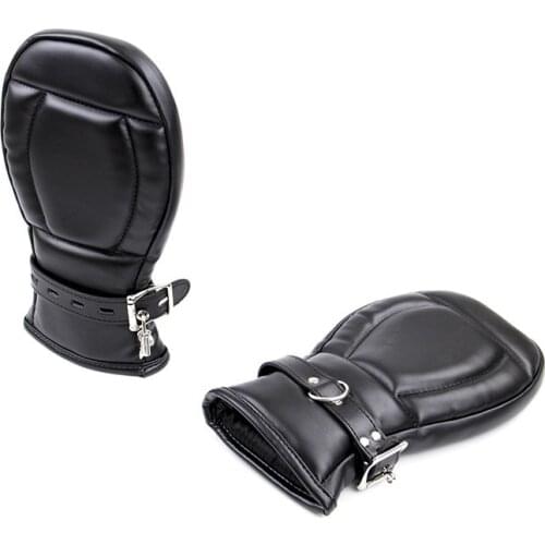 Womens Thick Soft Padded Black PU Leather Bondage Mitts BDSM Bondage Restraints Mitten With Lock Sex Toys For Couple