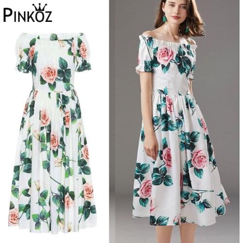 Pinkoz rose print slash neck midi dress high waist floral elegant white summer dress beach dresses vestidos de fiesta de noche