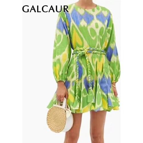 GALCAUR Bandage Dress For Women O Neck Lantern Long Sleeve Print Hit Color High Waist Mini Dresses Female 2020 New Clothing Tide
