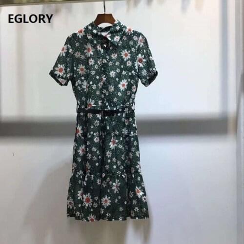 High Quality Brand Chiffon Dress 2020 Summer Ladies Turn-down Collar Sunflower Embroidery Short Sleeve Casual Long Shirt Dress
