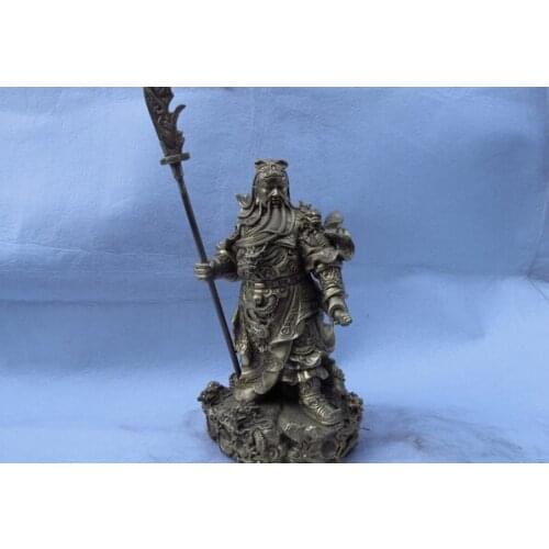 150401 S0929 12 Chinese Folk Brass Copper Nine Dragon Guan gong Guan Yu Warrior Buddha Statue