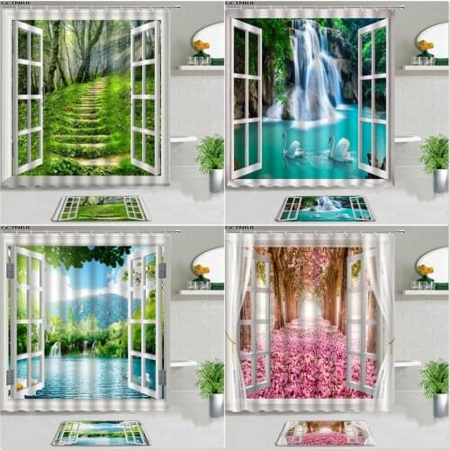 2pcs Forest Landscape Shower Curtains Set Bath Mat 3D Window Natural Scenery Waterfall Print For Bathroom Decor Non-slip Carpet
