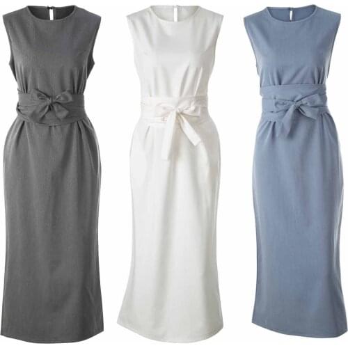 3XL 4XL 5XL Plus Size Dress Women Sleeveless Vestido Belted Split Hem Solid Color Casual Summer Elegant Sundress Robe Mujer