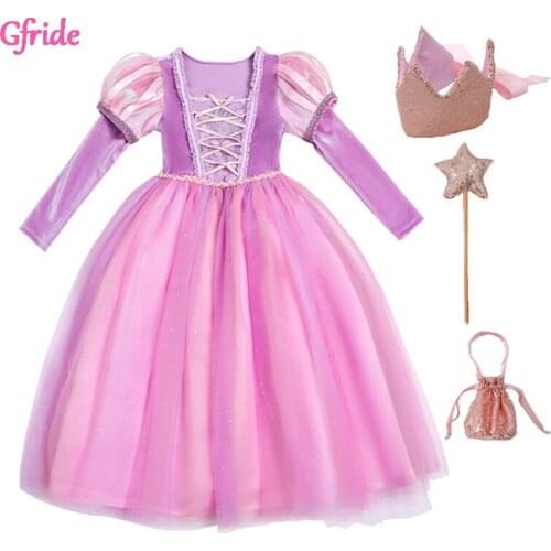 Purple Pink Velvet Rapunzel Costume With Crown Wands Bag For Kids Princess Girls Christmas Halloween Ball Gown Party Outfit 6T