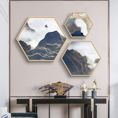 Chinese Blue Abstract Hexagon Wood Photo Frame Picture Frame Living Room Decoration Background Wall Wall Hanging Art Paintings