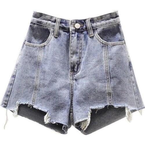 Fashion Women Denim Shorts Hem High Waist Wide Leg Pockets Shorts Denim Jeans Streetwear Womens Clothing pantalones de mujer