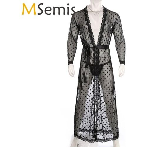 Men Sissy Dot Pattern See-through Mesh Lace Trim Exotic Apparel Sheer Night-Gown with T-back Sexy Lingerie Costume Nightwear